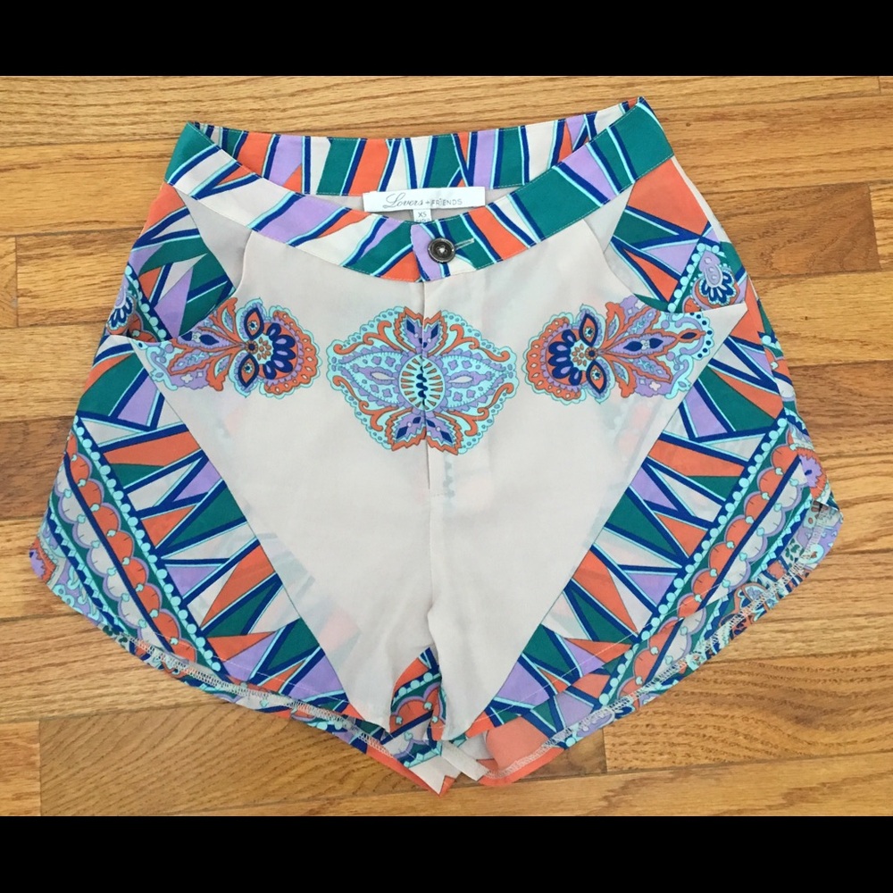 Lovers + Friends Coral, Teal & Purple Paisley-Trim High Waist Shorts